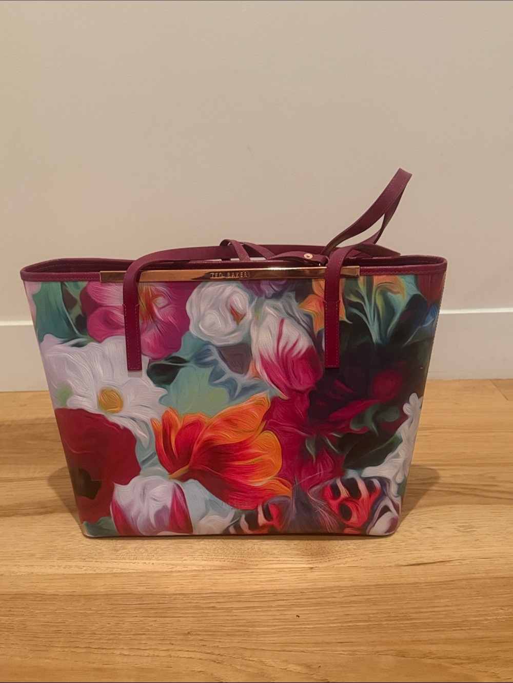 Ted Baker Floral Maroon Tote with Multicolor Botanicals